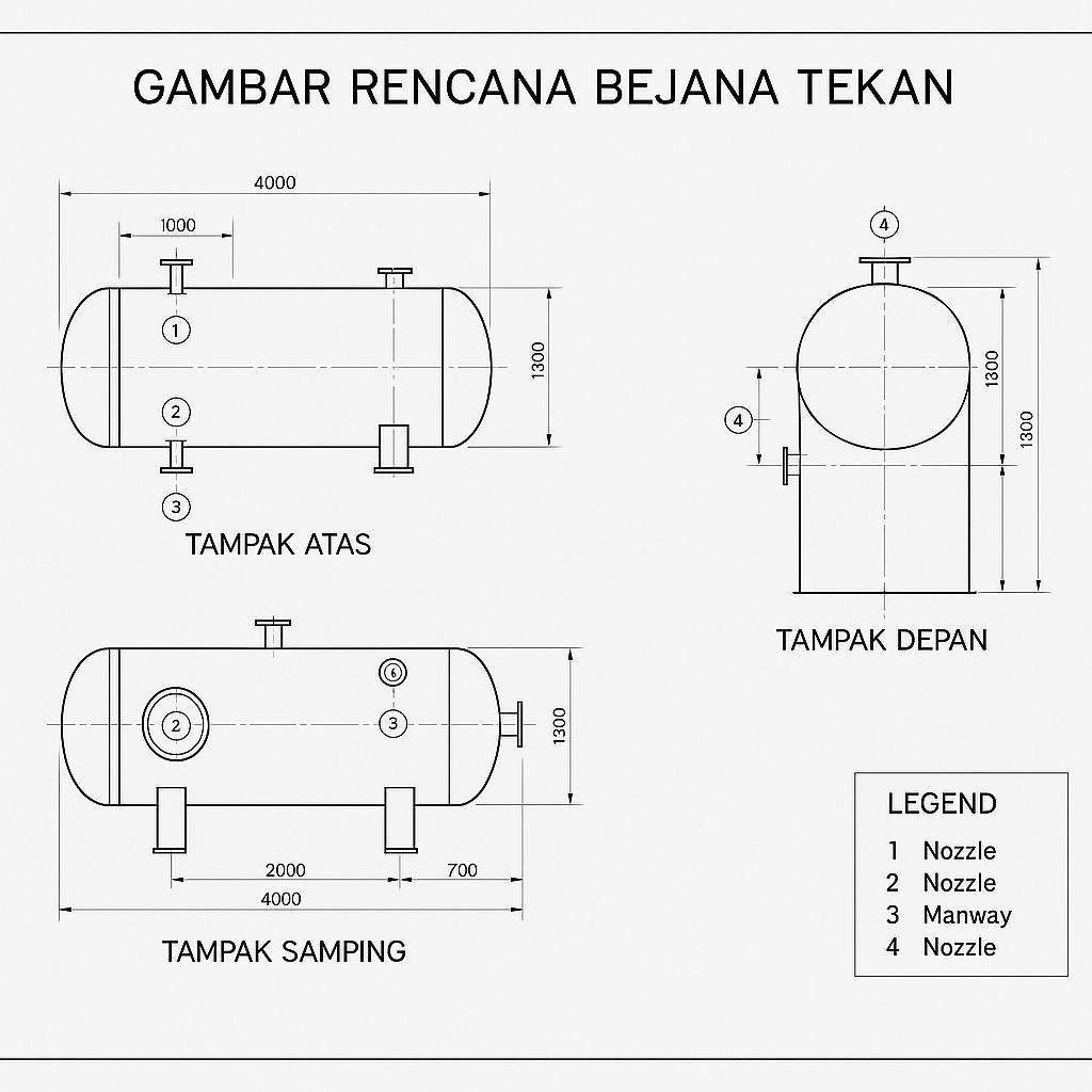 Riksa Uji Pesawat Uap dan Bejana Tekan 8 Pengesahan gambar Bejana Tekan adalah proses verifikasi dan persetujuan teknis oleh instansi yang berwenang, seperti Kementerian Ketenagakerjaan, terhadap gambar rencana bejana tekan sebelum dilakukan proses fabrikasi atau instalasi. Pengesahan ini bertujuan untuk memastikan bahwa desain dan spesifikasi teknis bejana telah sesuai dengan standar keselamatan dan peraturan perundangan yang berlaku di bidang K3 (Keselamatan dan Kesehatan Kerja).