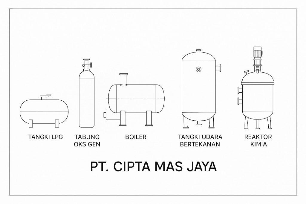 Bejana tekan adalah komponen penting dalam sistem industri yang membutuhkan pengendalian tekanan tinggi secara aman. Contohnya antara lain Tangki LPG, yang digunakan untuk menyimpan gas dalam bentuk cair; Tabung Oksigen, umum digunakan di bidang medis dan pengelasan logam; Boiler, berfungsi menghasilkan uap bertekanan; Tangki Udara Bertekanan, yang menyuplai udara dalam sistem pneumatik; dan Reaktor Kimia, tempat terjadinya proses reaksi di bawah tekanan tertentu. Setiap alat tersebut harus memenuhi standar keselamatan karena potensi bahayanya cukup tinggi.