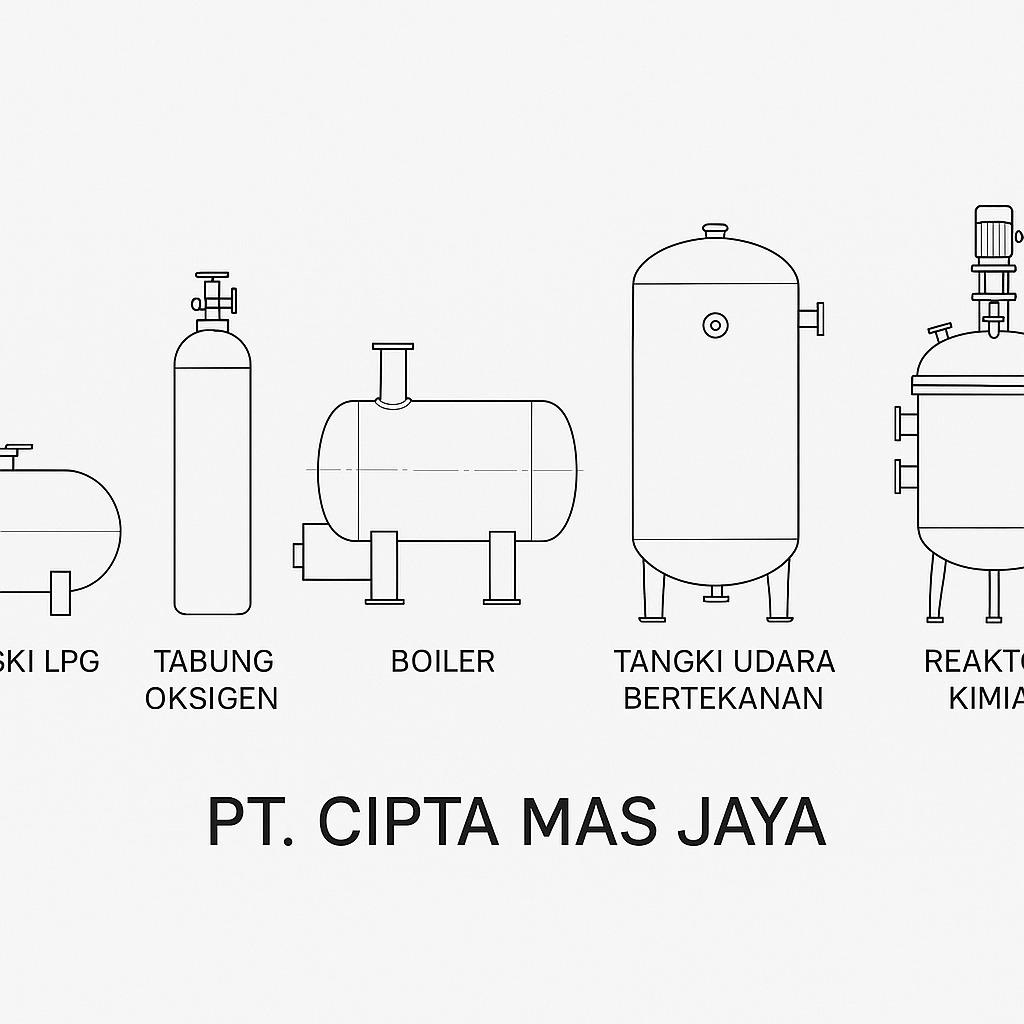 Contoh Bejana Tekan: Bejana tekan adalah wadah yang dirancang untuk menahan tekanan internal yang lebih tinggi dari tekanan atmosfer, dan digunakan dalam berbagai aplikasi industri maupun sektor lainnya. Lima contoh umum dari bejana tekan meliputi **Tangki LPG**, yang digunakan untuk menyimpan gas cair bertekanan tinggi; **Tabung Oksigen**, lazim dalam fasilitas medis dan industri; **Boiler**, sebagai alat pemanas fluida bertekanan; **Tangki Udara Bertekanan**, yang umum di sistem pneumatik; serta **Reaktor Kimia**, yang digunakan dalam proses reaksi kimia dengan tekanan tertentu.