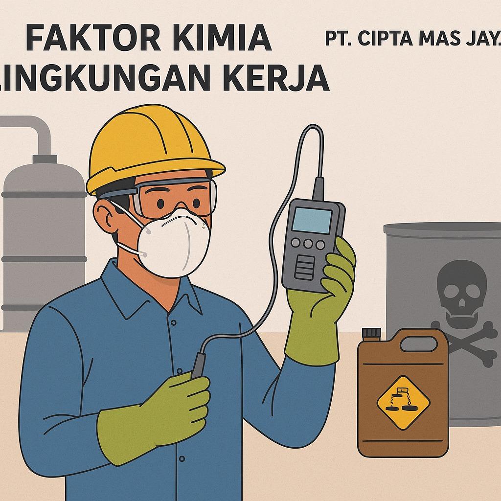Faktor kimia lingkungan kerja adalah unsur atau senyawa kimia yang terdapat di tempat kerja dalam bentuk gas, uap, cairan, debu, asap, atau partikel lainnya yang dapat masuk ke dalam tubuh melalui pernapasan, kulit, atau saluran pencernaan dan berpotensi menimbulkan gangguan kesehatan pada pekerja.