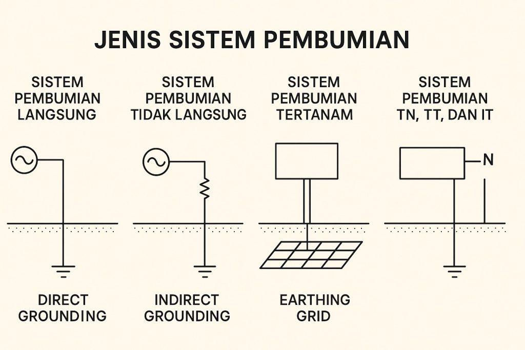Pembumian untuk Bangunan 3 Jenis Sistem Pembumian adalah pengelompokan metode atau cara yang digunakan untuk mengalirkan arus listrik ke tanah sebagai tindakan pengamanan instalasi listrik. Sistem pembumian dibedakan berdasarkan fungsi dan tujuannya, antara lain Protective Earth (PE), Earth Grounding (EG), Lightning Grounding (LG), dan Instrument Earth (IE). Masing-masing jenis memiliki peran penting, seperti PE untuk melindungi manusia dari sengatan listrik, LG untuk menyalurkan petir, dan IE untuk kestabilan sinyal dalam sistem kontrol. Pemilihan jenis sistem pembumian yang tepat sangat krusial dalam menjaga keselamatan dan keandalan sistem kelistrikan.