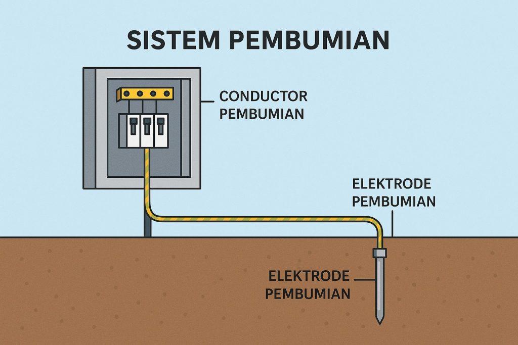 Pembumian untuk Bangunan 2 Sistem pembumian adalah instalasi kelistrikan yang berfungsi untuk mengalirkan arus listrik ke tanah sebagai langkah pengamanan terhadap gangguan arus atau petir. Sistem ini dirancang agar setiap kebocoran arus dapat segera dialihkan ke bumi sehingga tidak membahayakan manusia maupun peralatan listrik.