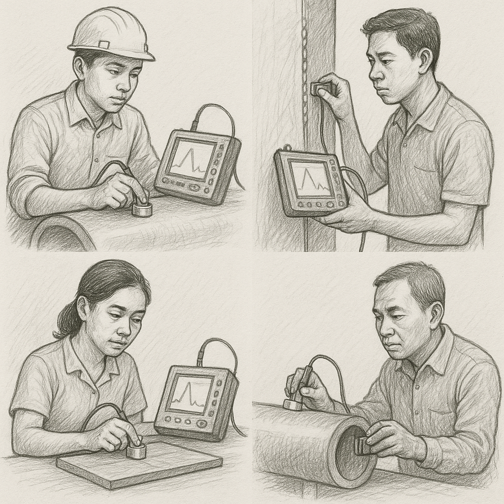 Ultrasonic testing adalah sebuah metode inspeksi non-destruktif (NDT) yang memanfaatkan gelombang suara berfrekuensi sangat tinggi (ultrasonik) untuk mendeteksi cacat internal dan mengukur ketebalan suatu material. Prinsip kerjanya adalah dengan memancarkan gelombang suara ke dalam objek uji melalui sebuah transduser. Ketika gelombang tersebut mengenai batas material atau diskontinuitas seperti retakan, rongga, atau inklusi, sebagian gelombang akan dipantulkan kembali. Pantulan (echo) inilah yang ditangkap dan dianalisis untuk menentukan lokasi, ukuran, dan jenis cacat tanpa merusak komponen yang diperiksa.