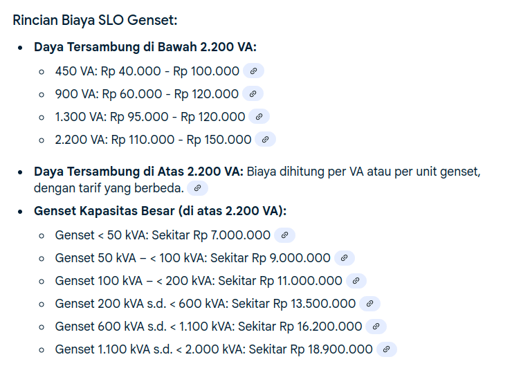SLO Genset 2 Biaya SLO Genset adalah sejumlah uang yang harus dibayarkan untuk mendapatkan Sertifikat Laik Operasi (SLO) bagi instalasi genset agar dinyatakan aman dan sesuai standar kelistrikan yang berlaku.