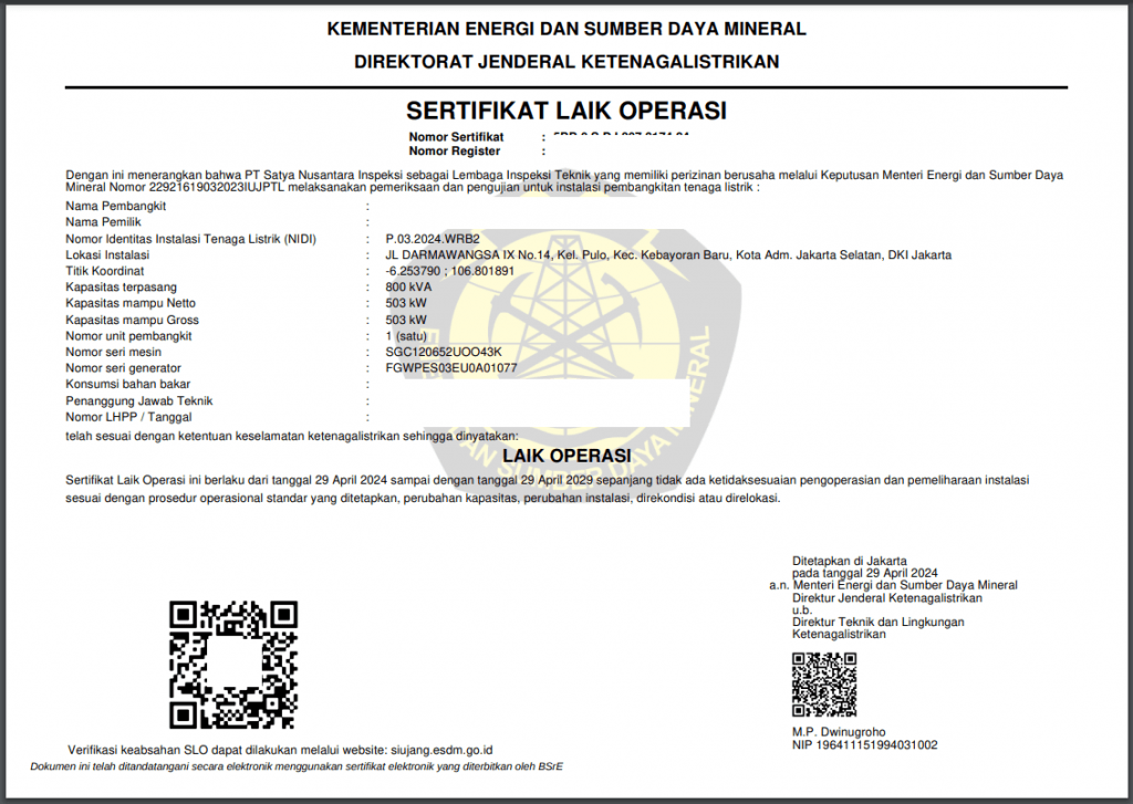 SLO Genset 3 Contoh SLO (Sertifikat Laik Operasi) genset adalah contoh dokumen resmi yang membuktikan bahwa suatu genset telah memenuhi standar keselamatan dan kelayakan operasi sesuai dengan peraturan yang berlaku.