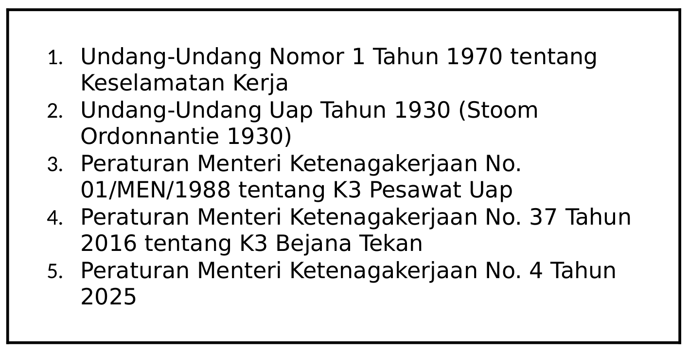 Dasar Hukum Pesawat Uap, Bejana Tekan dan Tangki Timbun adalah peraturan perundang-undangan yang mengatur keselamatan dan kelayakan teknis alat-alat bertekanan di tempat kerja, seperti yang tercantum dalam Permenaker No. 37 Tahun 2016 tentang Keselamatan dan Kesehatan Kerja Pesawat Uap dan Bejana Tekan.
