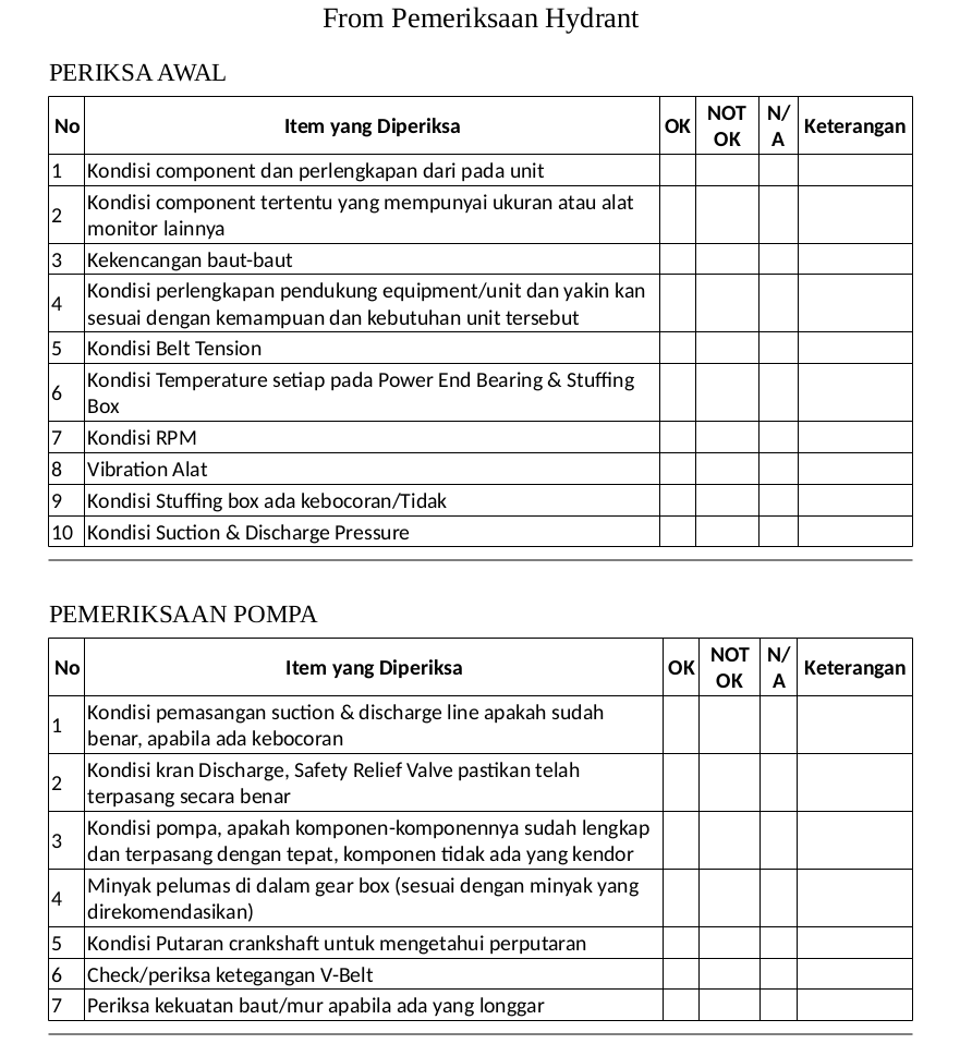 Cara Melakukan Pemeriksaan Hydrant 2 Form inspeksi hydrant adalah dokumen pemeriksaan yang digunakan untuk memastikan seluruh komponen sistem hydrant, seperti valve, nozzle, hose, dan tekanan air, berada dalam kondisi baik dan siap digunakan dalam keadaan darurat.