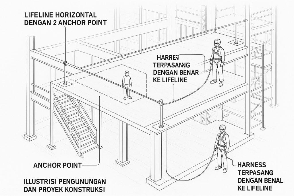 Pemasangan Lifeline 3 Lifeline proyek adalah sistem pengaman yang dirancang untuk melindungi pekerja dari risiko jatuh saat bekerja di ketinggian, dengan menggunakan tali atau kabel yang terhubung ke harness pekerja dan titik anchorage yang kuat.