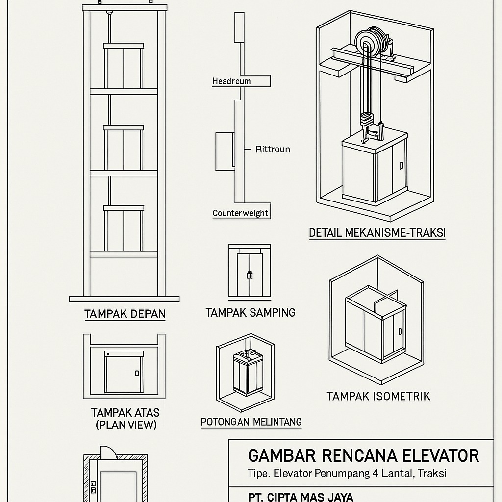 Pengesahan gambar elevator adalah proses penelaahan dan persetujuan terhadap rancangan teknis sistem elevator oleh instansi yang berwenang, seperti Kementerian Ketenagakerjaan. Proses ini dilakukan untuk memastikan bahwa desain elevator telah memenuhi persyaratan teknis dan standar keselamatan kerja sesuai dengan peraturan perundang-undangan yang berlaku. Pengesahan ini mencakup aspek struktural, mekanis, dan sistem pengaman pada elevator, sehingga alat tersebut aman untuk dipasang dan dioperasikan di lingkungan gedung atau fasilitas kerja.