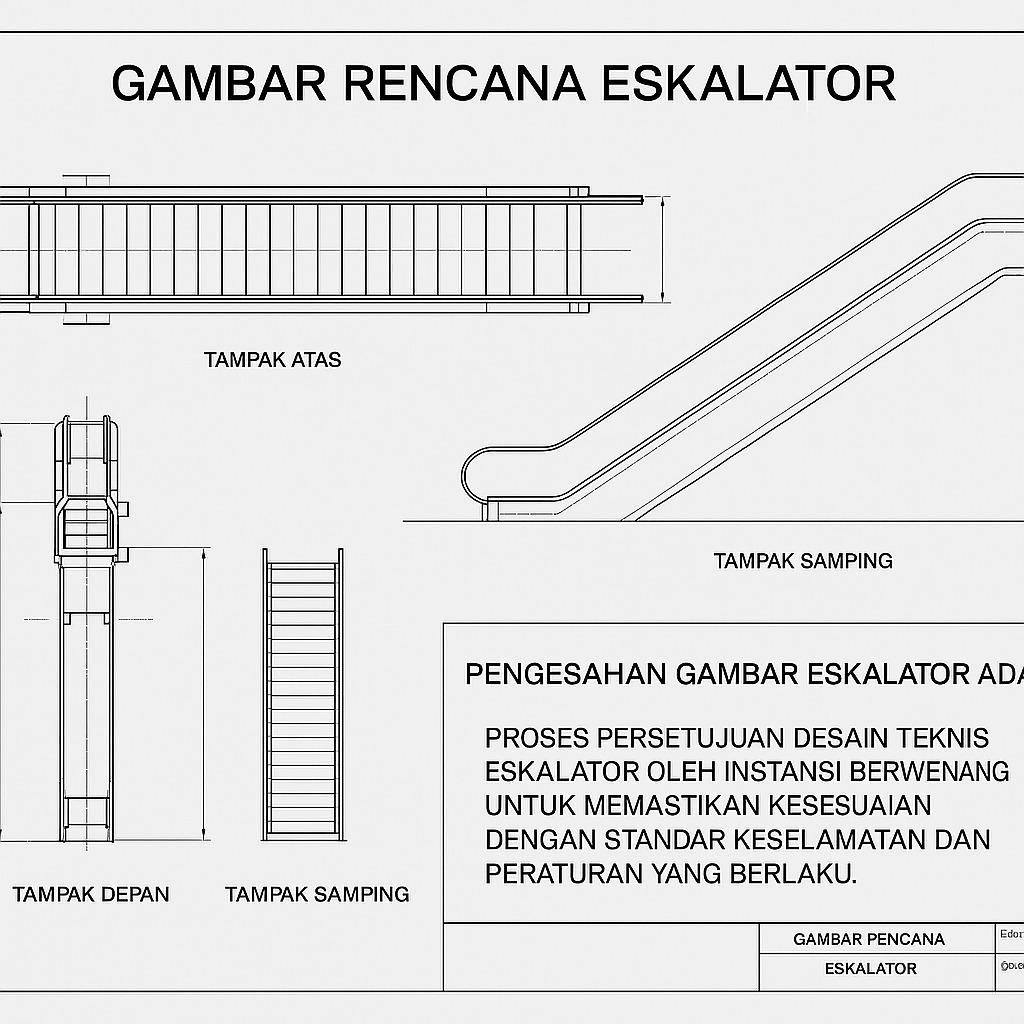 Pengesahan gambar elevator dan eskalator adalah proses persetujuan desain teknis dari sistem angkutan vertikal oleh instansi berwenang untuk memastikan bahwa perancangannya telah sesuai dengan standar keselamatan dan regulasi yang berlaku.