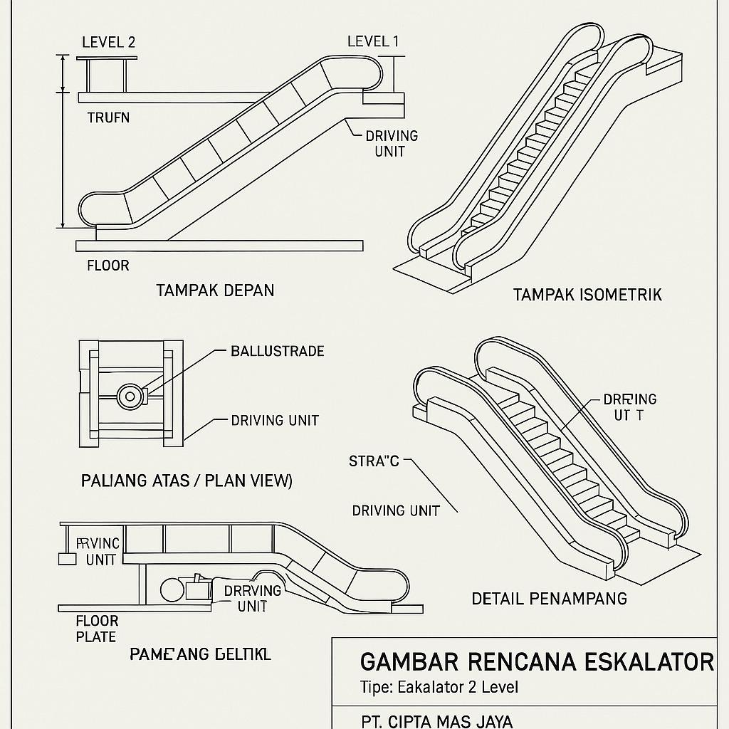 Pengesahan gambar eskalator adalah proses pemeriksaan dan persetujuan resmi terhadap rancangan teknis sistem eskalator oleh instansi yang berwenang, seperti Kementerian Ketenagakerjaan. Proses ini bertujuan untuk memastikan bahwa desain eskalator telah memenuhi standar keselamatan kerja, ketentuan teknis, serta regulasi yang berlaku sebelum alat tersebut dipasang dan dioperasikan di tempat umum atau fasilitas kerja.