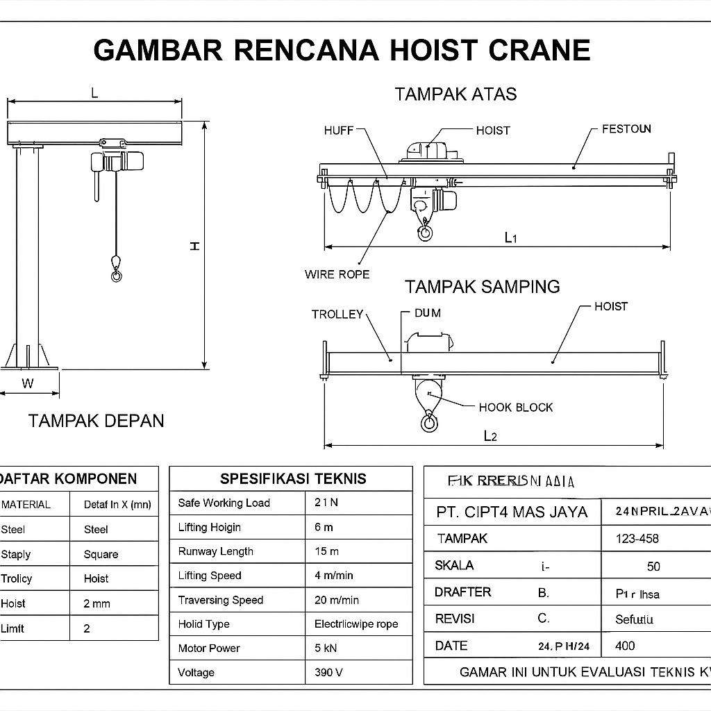 Pengesahan gambar pesawat angkat angkut adalah proses verifikasi teknis dan administratif yang dilakukan oleh instansi berwenang, seperti Kementerian Ketenagakerjaan (Kemnaker), untuk memastikan bahwa rancangan alat angkat dan angkut, seperti hoist crane, forklift, atau overhead crane, telah memenuhi standar keselamatan dan ketentuan teknis yang berlaku. Proses ini bertujuan untuk menjamin bahwa alat tersebut aman dioperasikan dan sesuai dengan regulasi K3.