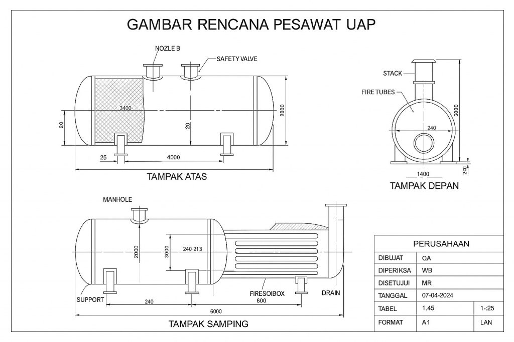 Pengesahan gambar pesawat uap / boiler adalah proses persetujuan resmi terhadap rancangan teknis pesawat uap sebelum tahap fabrikasi dan instalasi, yang dilakukan oleh pihak berwenang seperti PJK3 atau instansi ketenagakerjaan guna memastikan bahwa desain tersebut memenuhi standar keselamatan dan ketentuan teknis yang berlaku.