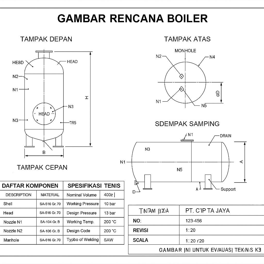 Pengesahan gambar pesawat uap dan bejana tekan adalah proses penilaian dan pengesahan secara resmi terhadap rancangan teknis alat yang bekerja dengan tekanan, seperti boiler dan tangki tekan, oleh instansi yang berwenang seperti Kemnaker. Tujuannya adalah untuk memastikan bahwa desain alat tersebut sesuai dengan standar keselamatan kerja, ketentuan peraturan perundang-undangan, serta layak untuk diproduksi, dipasang, dan dioperasikan.