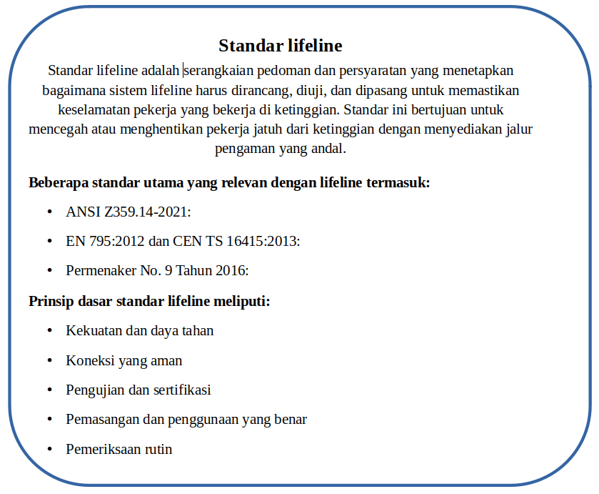 Pemasangan Lifeline 6 Standar lifeline adalah ketentuan teknis dan keselamatan yang mengatur desain, instalasi, serta penggunaan sistem lifeline untuk menjamin perlindungan maksimal bagi pekerja di ketinggian.