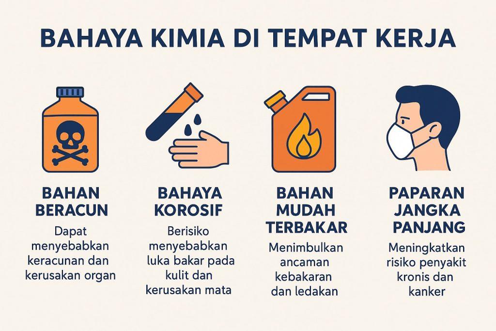 Contoh bahaya kimia di tempat kerja adalah paparan uap pelarut organik dari proses pengecatan yang dapat mengiritasi saluran pernapasan, paparan debu asbes yang berisiko menyebabkan penyakit paru-paru, atau kontak langsung dengan asam kuat seperti asam sulfat yang dapat menimbulkan luka bakar pada kulit.