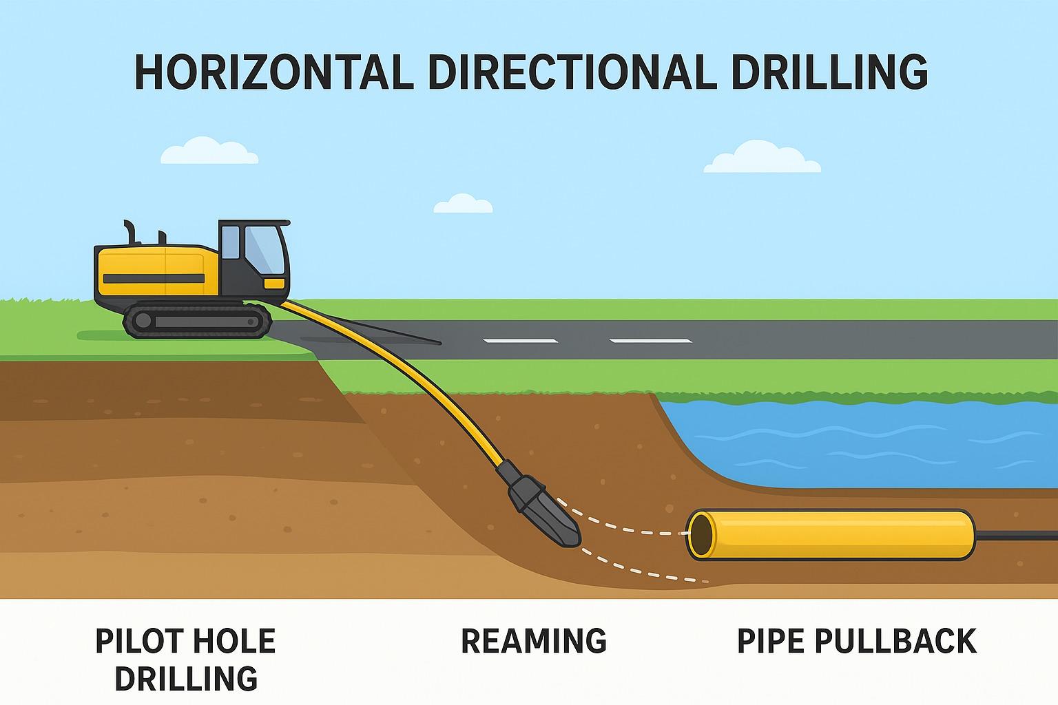 Horizontal Directional Drilling adalah metode pengeboran bawah tanah tanpa galian terbuka yang digunakan untuk memasang pipa, kabel, atau saluran dengan lintasan horizontal. Teknik ini dilakukan menggunakan peralatan khusus yang mampu mengarahkan mata bor secara presisi sehingga dapat melewati berbagai rintangan di permukaan, seperti jalan raya, sungai, atau area padat penduduk, tanpa merusak lingkungan di atasnya.